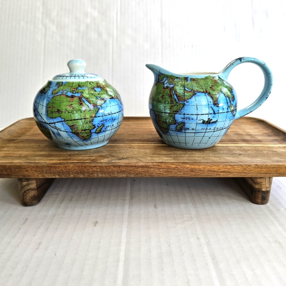 Paul Cardew 2007 Global Warming sugar bowl creamer set world map ceramic